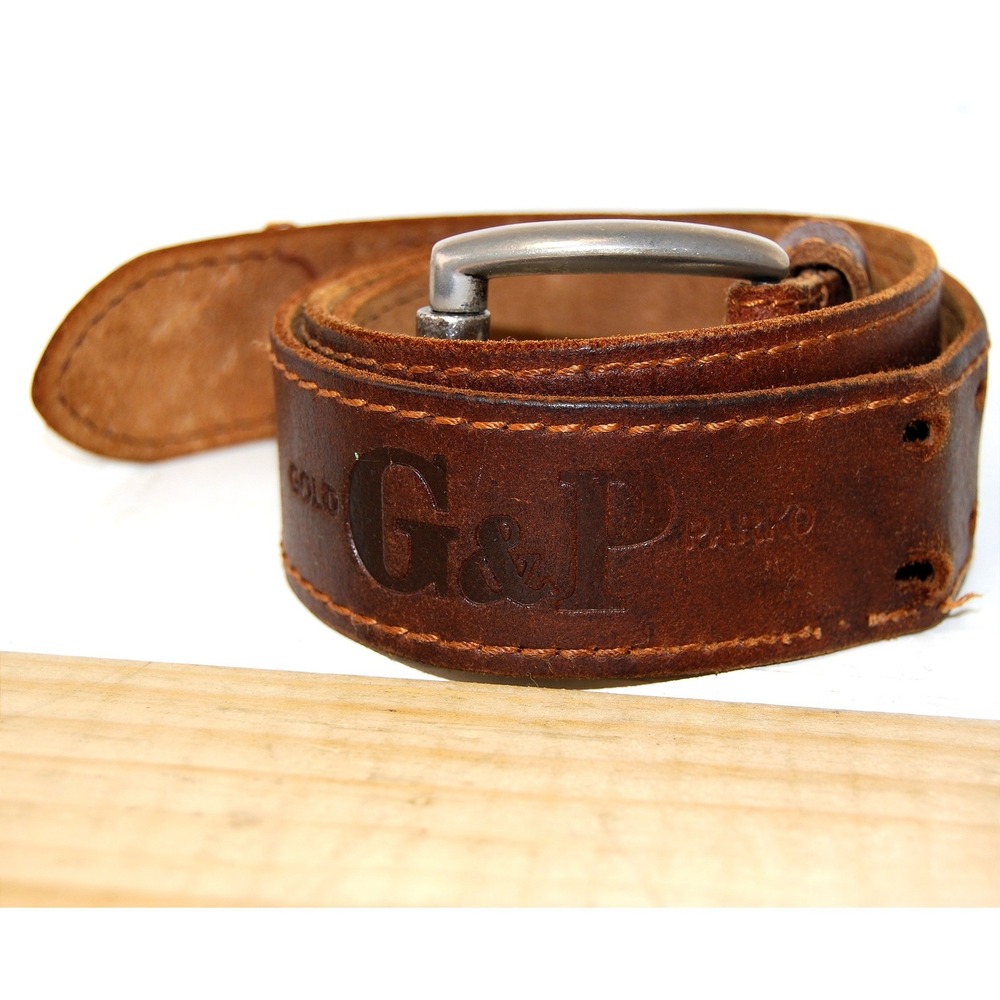Brown leather belt size 40 Gold & Parko logo embossed accessory double prong